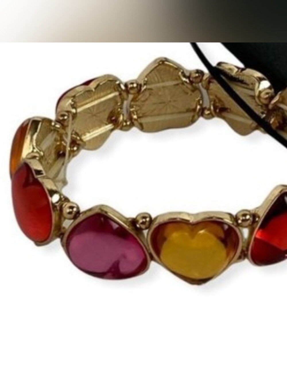 Gold Heart-Linked Stretch Bracelet with Pink, Yellow & Red Hearts New
